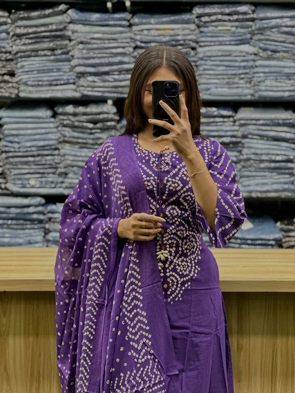 Bandhni Print Applique Codi Work Cotton Suit