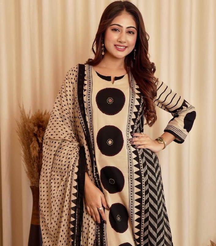 Beige & Black Geometric Print Kurta Set with Coordinated Dupatta