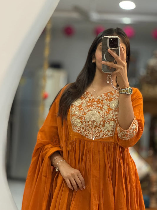Rust Embroidered Anarkali Kurta Set with Dupatta