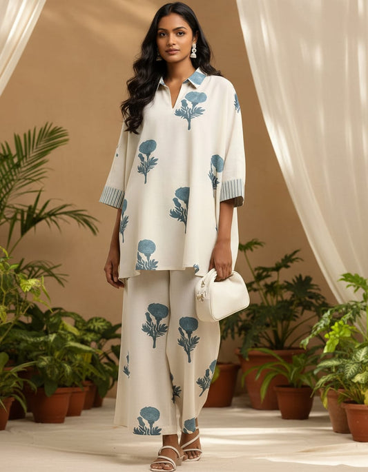 Women’s White Cotton Co-Ord Set with Blue Floral Print