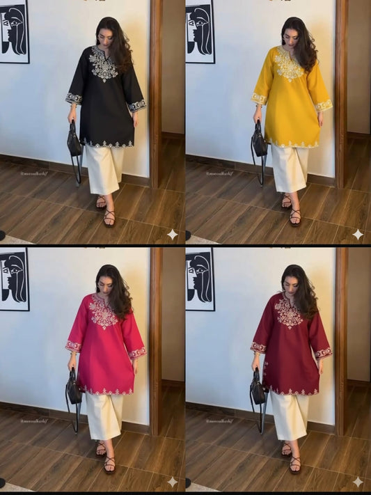 Embroidery Pink Cotton Kurta Set with Palazzo Pants