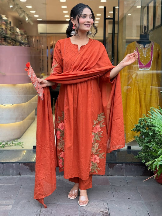 Orange Premium Mul Cotton Kurti Set