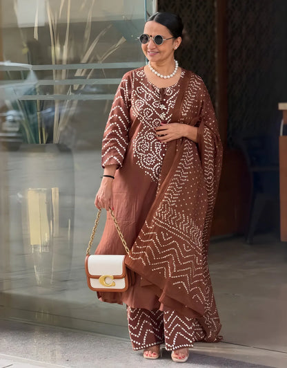 Gangori Bandhej Chocolate Kurta Set