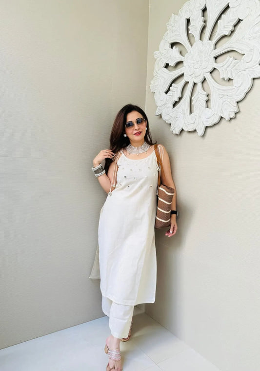 Off White Premium Cotton Slub Co-ord Set For Women