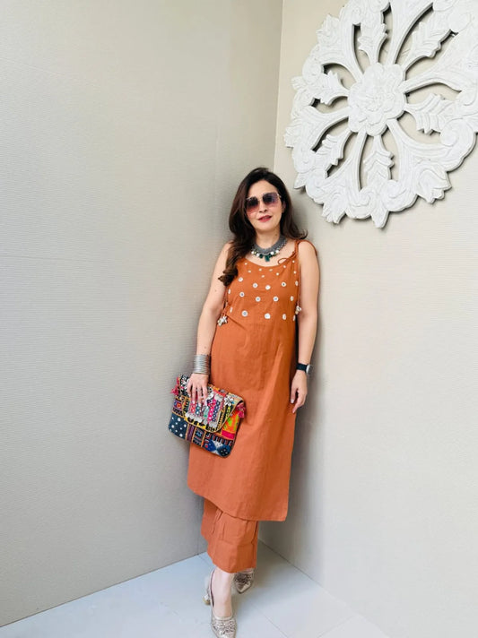 Orange Premium Cotton Slub Co-ord Set For Women