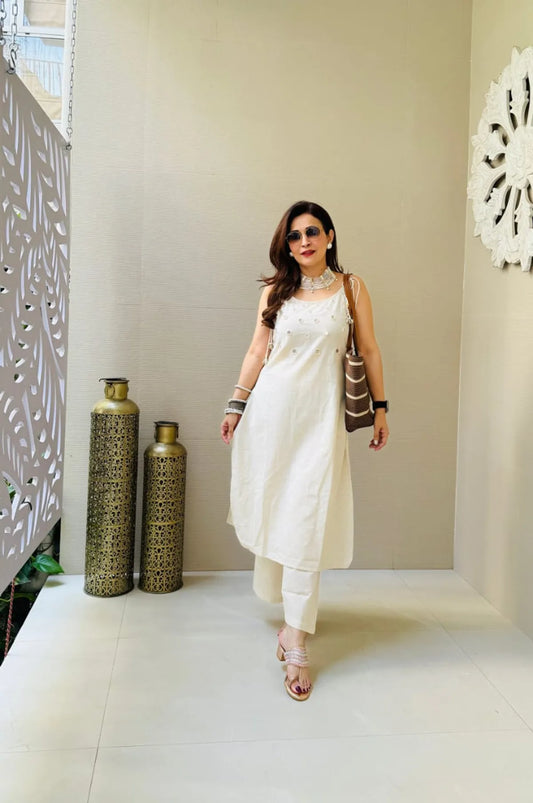 Off White Premium Cotton Slub Co-ord Set For Women