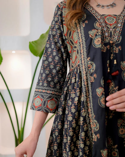 Midnight Ajrakh Premium Cotton A Line Suit