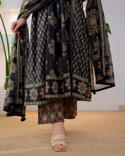 Midnight Ajrakh Premium Cotton A Line Suit