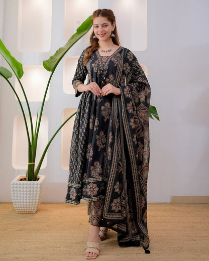 Midnight Ajrakh Premium Cotton A Line Suit