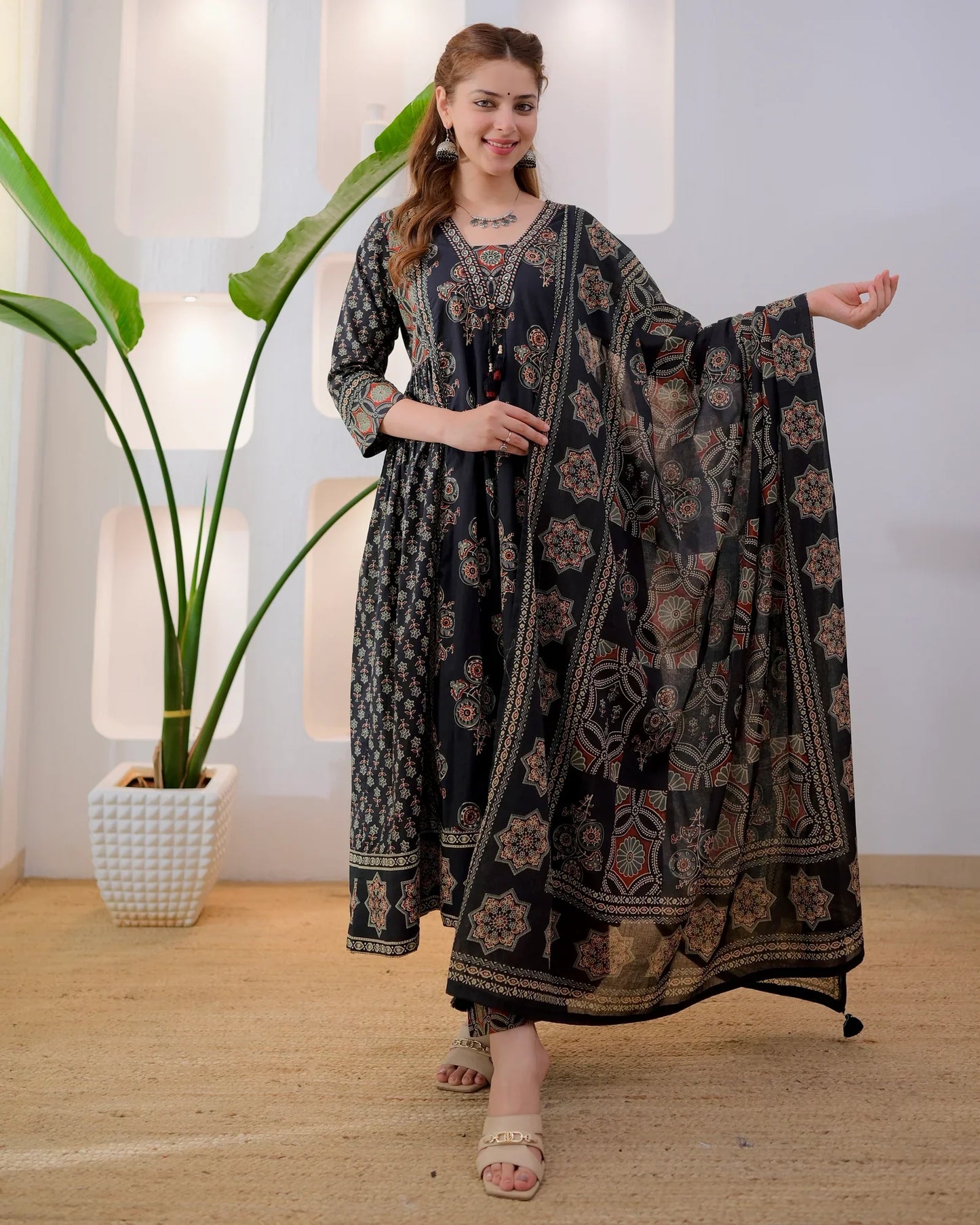 Midnight Ajrakh Premium Cotton A Line Suit