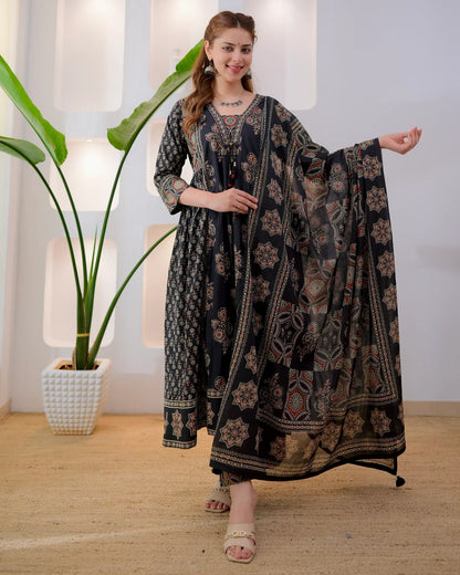 Midnight Ajrakh Premium Cotton A Line Suit