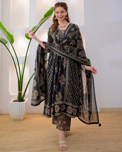 Midnight Ajrakh Premium Cotton A Line Suit