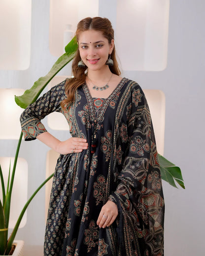 Midnight Ajrakh Premium Cotton A Line Suit