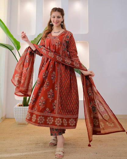 Terracotta Ajrakh Premium Cotton A Line Suit