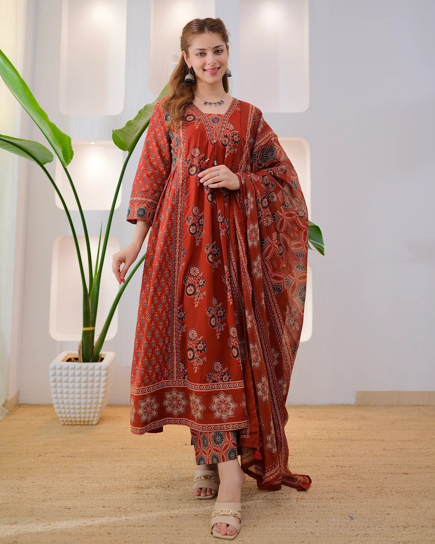 Terracotta Ajrakh Premium Cotton A Line Suit