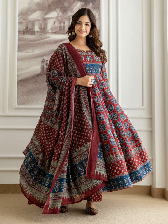 Maroon Printed Round Neck Tiered Pure Cotton Anarkali Kurta With Trousers & Dupatta