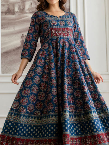 Blue Floral Printed Sequinned Pure Cotton A-Line Kurta With Palazzos & Dupatta