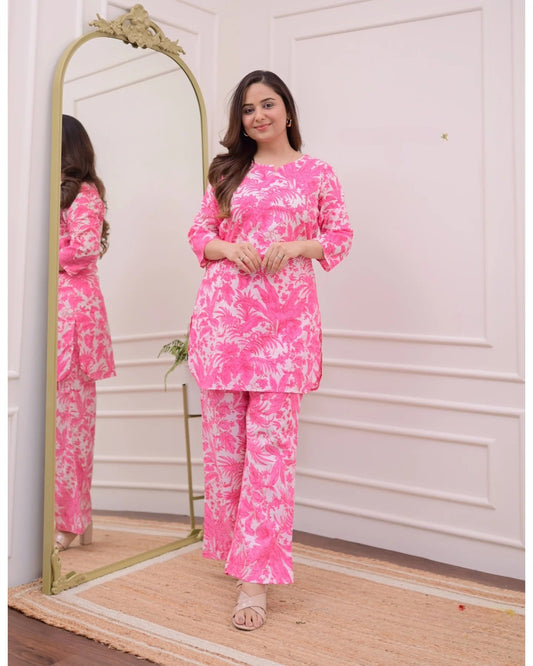 Pink Women'S Printed Cotton Co-Ord Set