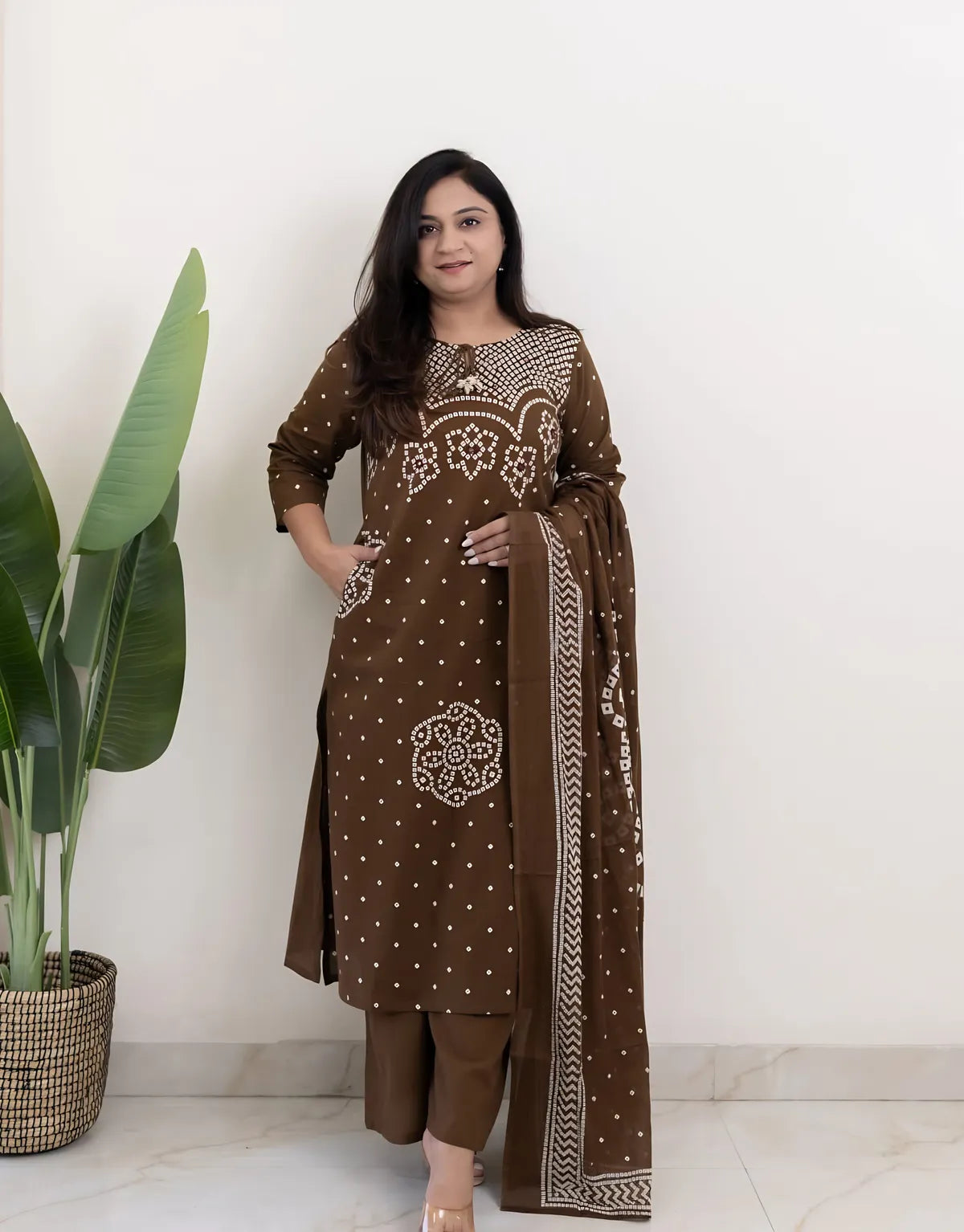 Mocha Mehfil Bandhej Mirror Work Cotton Suit