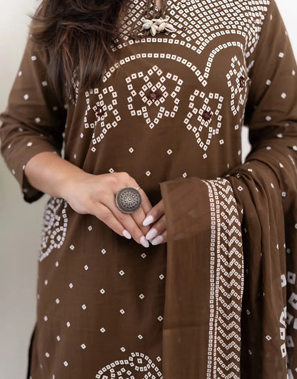 Mocha Mehfil Bandhej Mirror Work Cotton Suit