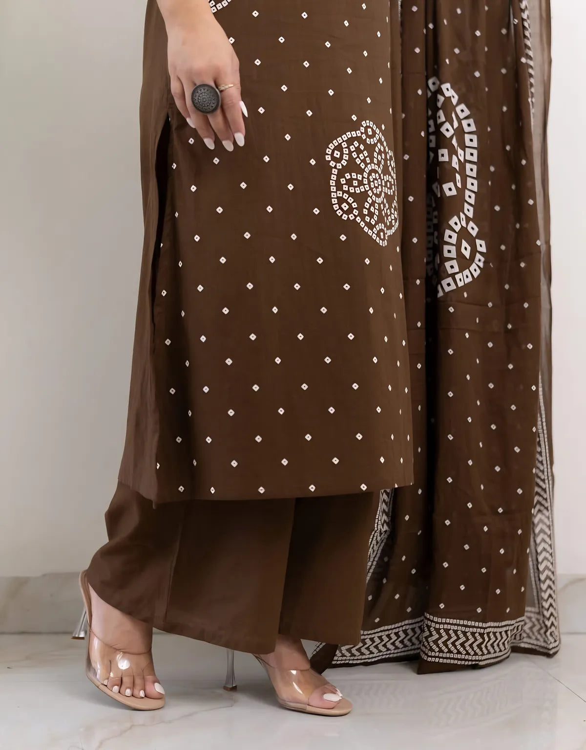 Mocha Mehfil Bandhej Mirror Work Cotton Suit