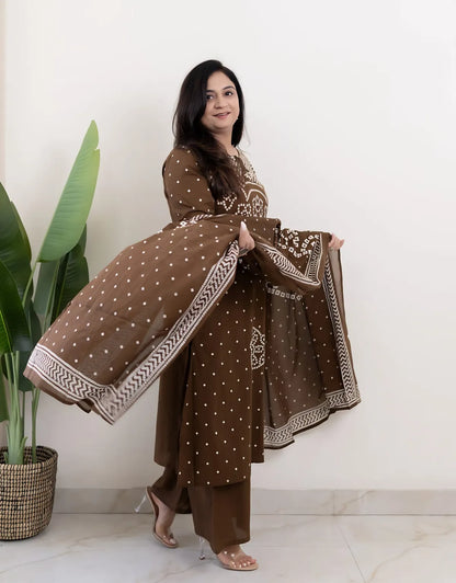Mocha Mehfil Bandhej Mirror Work Cotton Suit