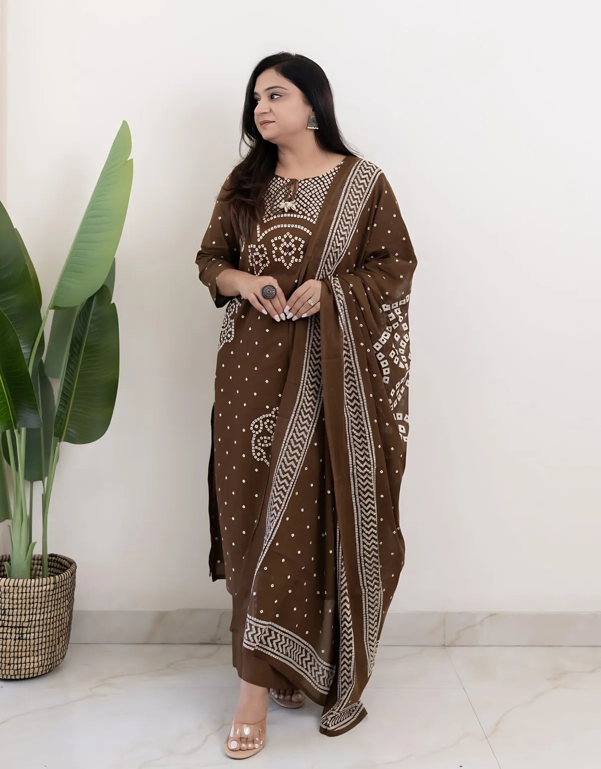 Mocha Mehfil Bandhej Mirror Work Cotton Suit