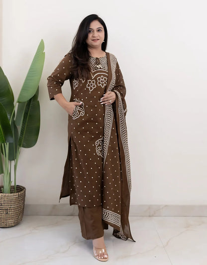 Mocha Mehfil Bandhej Mirror Work Cotton Suit
