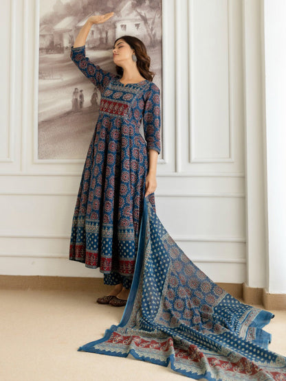 Blue Floral Printed Sequinned Pure Cotton A-Line Kurta With Palazzos & Dupatta