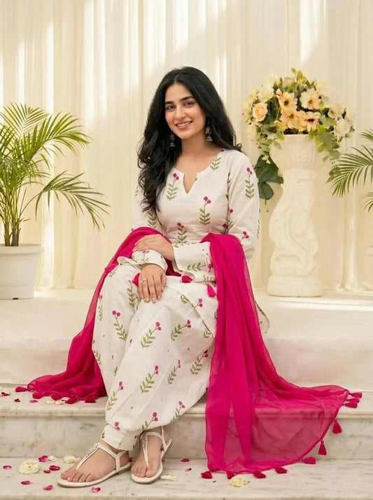 Gulbahar White Floral Cotton Farshi Salwar Suit Set