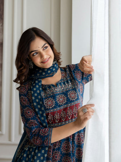 Blue Floral Printed Sequinned Pure Cotton A-Line Kurta With Palazzos & Dupatta