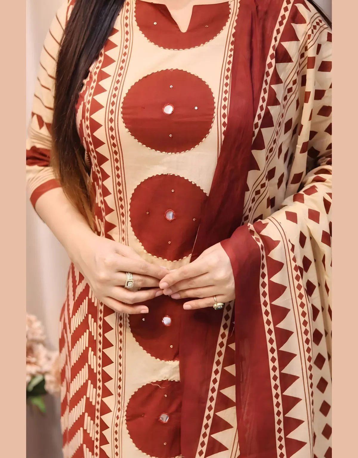 Beige & Red Geometric Print Kurta Set with Coordinated Dupatta