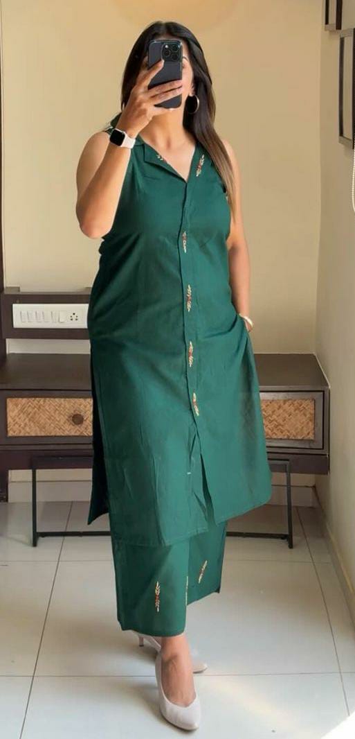 Green Cotton A-Line Kurti With Palazzo Set For Women