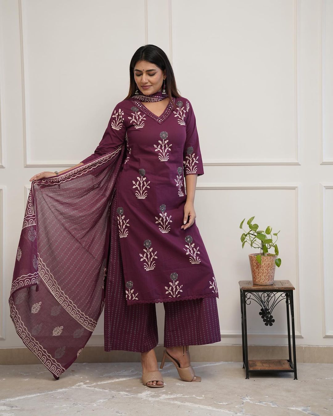 Women Pure Cotton Printed Kurta Palazzo And Dupatta Set Libas India