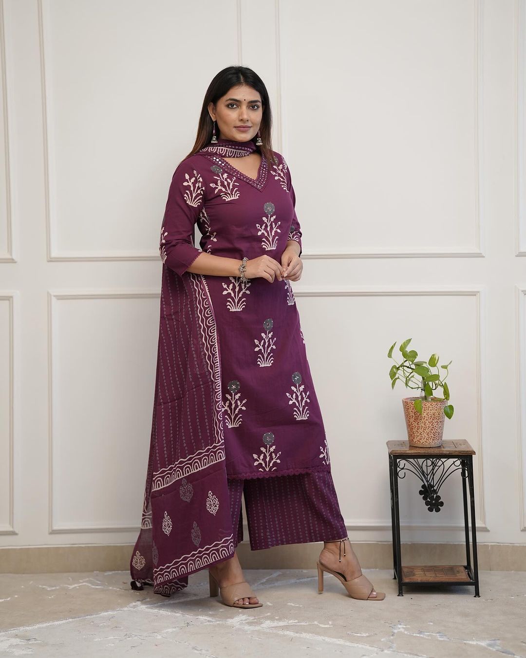 Women Pure Cotton Printed Kurta Palazzo And Dupatta Set