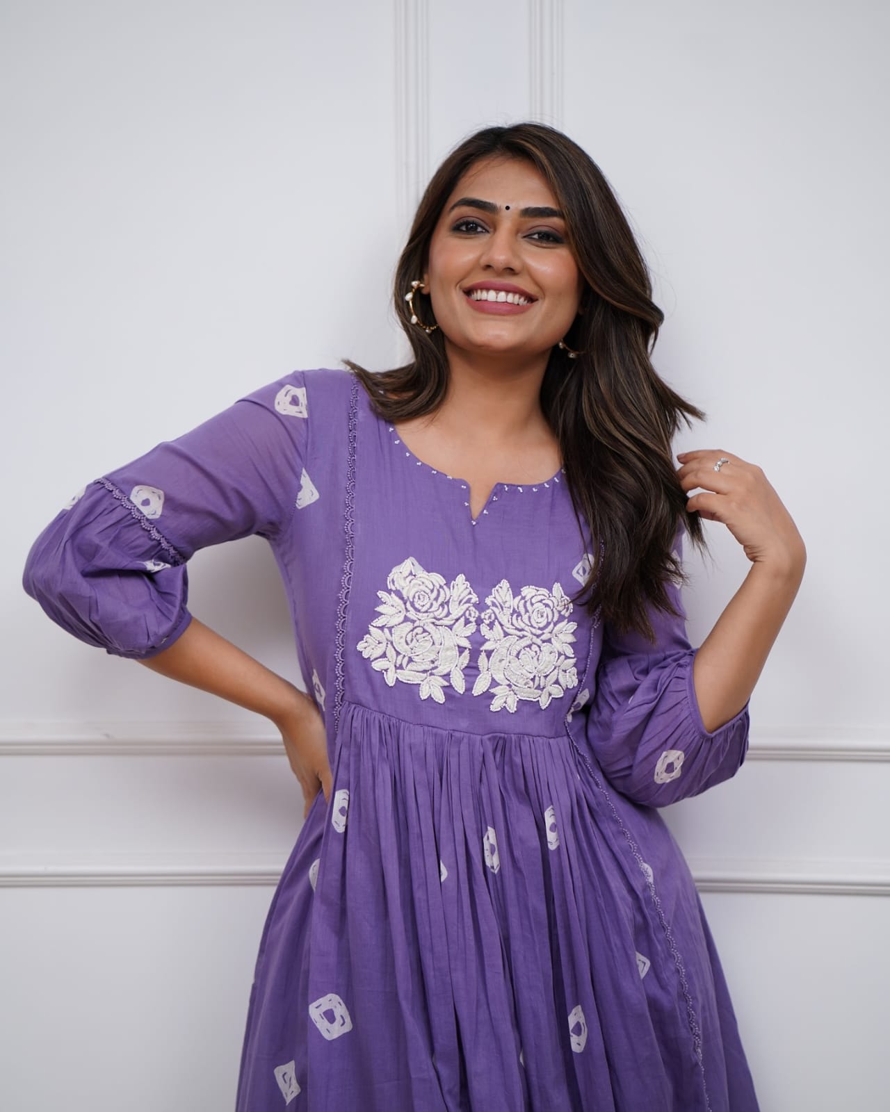 Purple Cotton Flared Women Suit