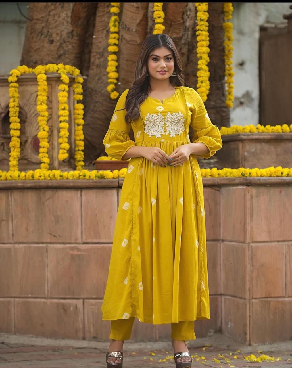 Yellow Cotton Flared Women Suit