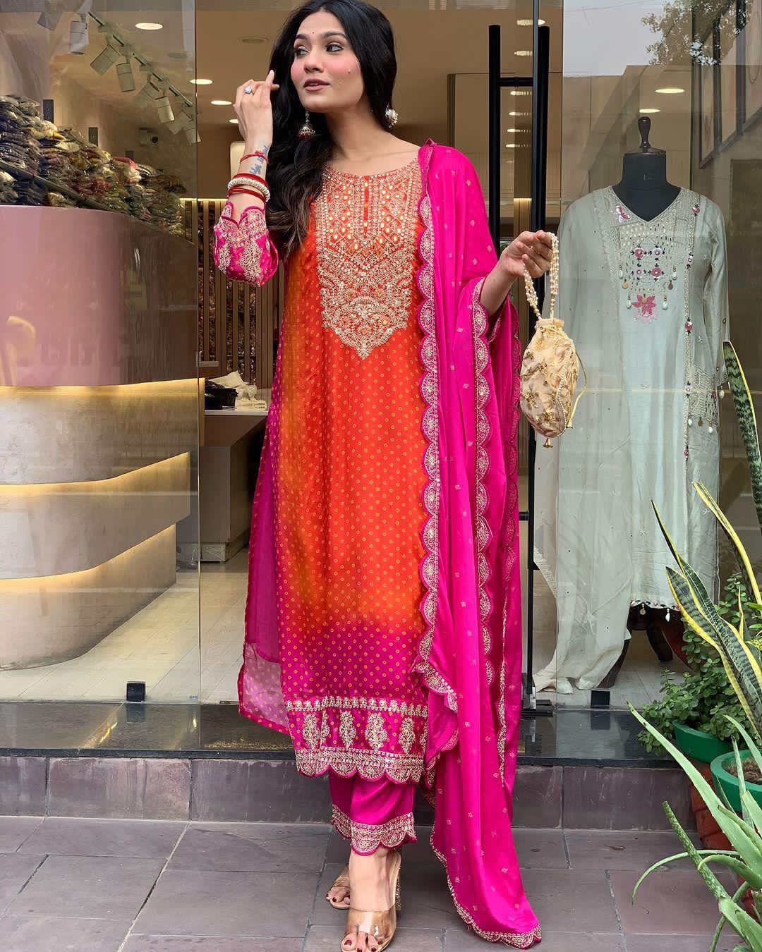 ORANGE Silk Pure bandej Kurti print dupatta