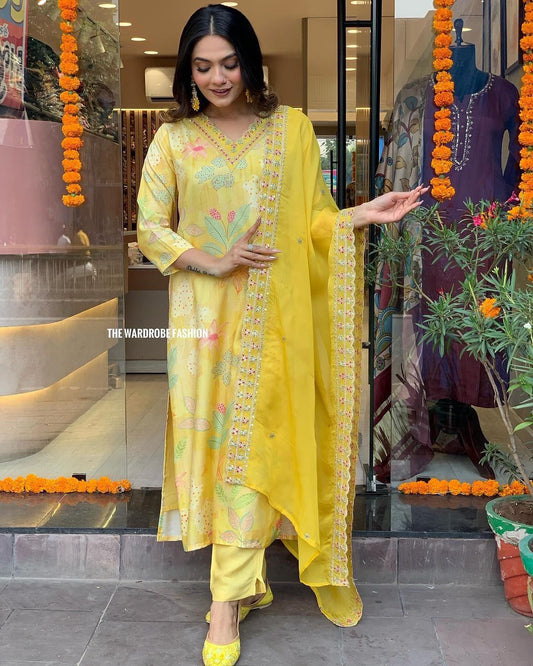 Yellow Silk Pure  Kurti print  And Pent  dupatta