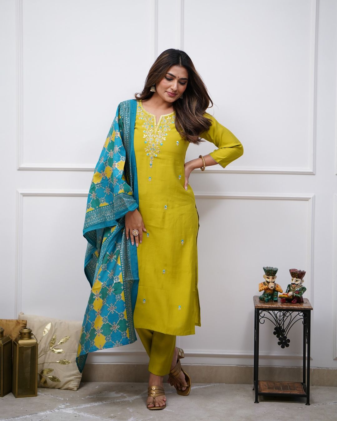 Women Pure Cotton Kurta Pant And Dupatta Set (Yellow)