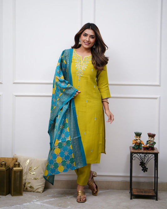 Women Pure Cotton Kurta Pant And Dupatta Set (Yellow)