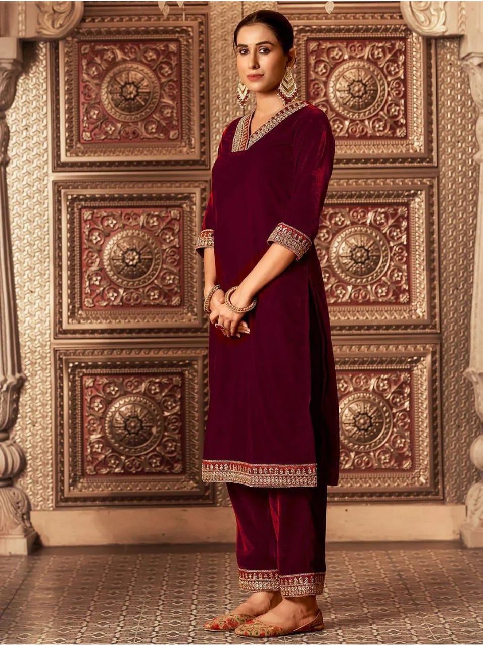 Winter Maroon Fancy  Velvet Suit Set