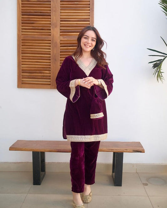 Maroon Velvet Kurta and Pent Set For Women