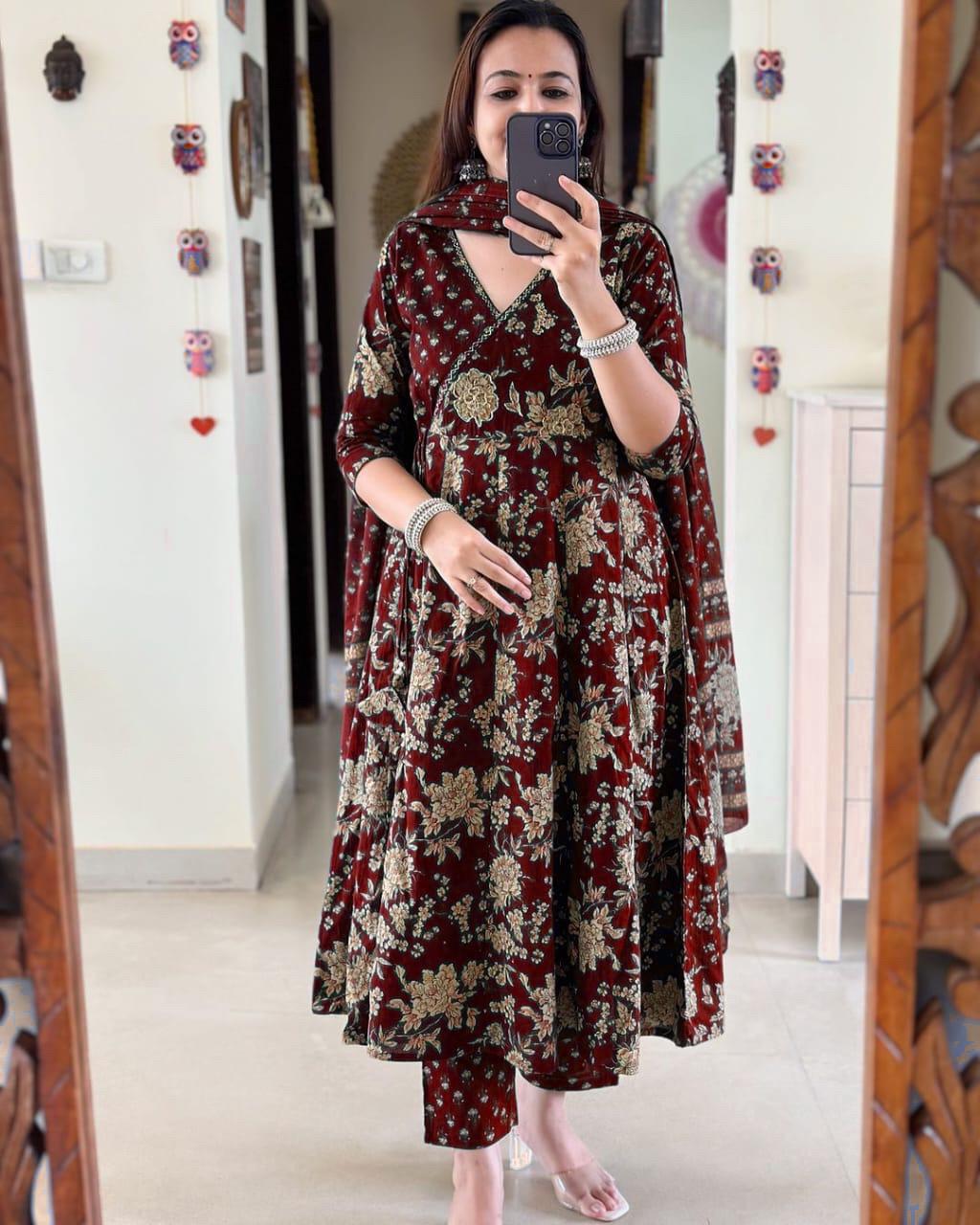 Maroon Angrakha Style Anarkali Kurta Set with Dupatta