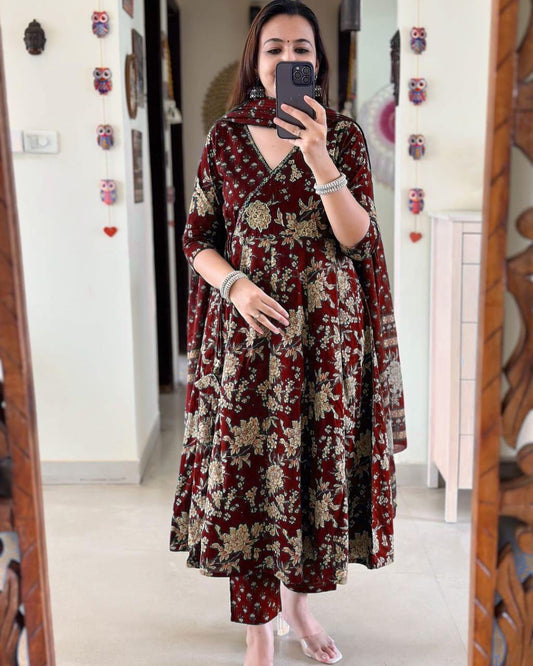 Maroon Angrakha Style Anarkali Kurta Set with Dupatta