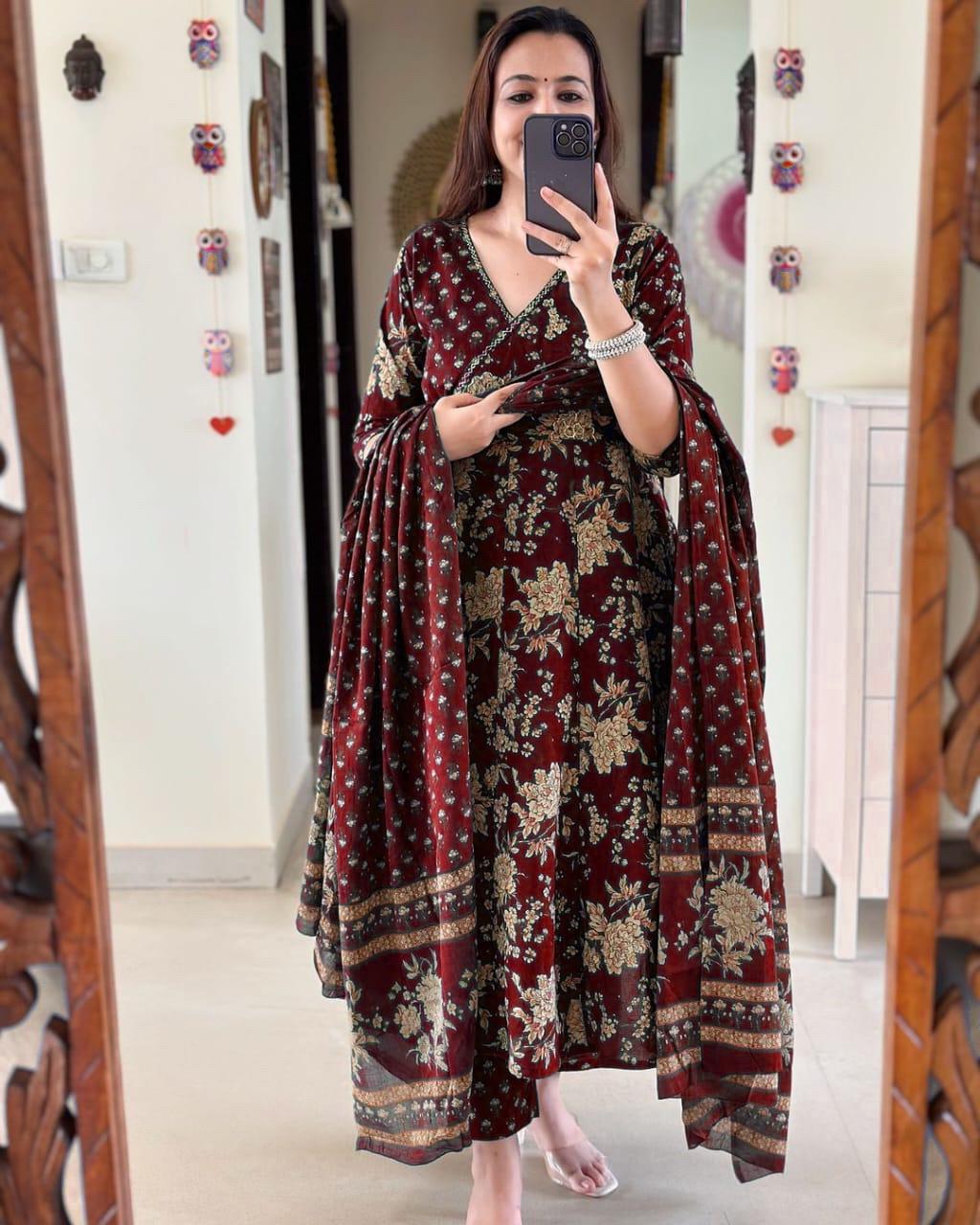Maroon Angrakha Style Anarkali Kurta Set with Dupatta
