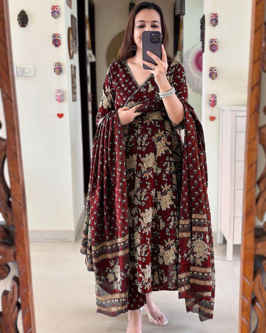 Maroon Angrakha Style Anarkali Kurta Set with Dupatta