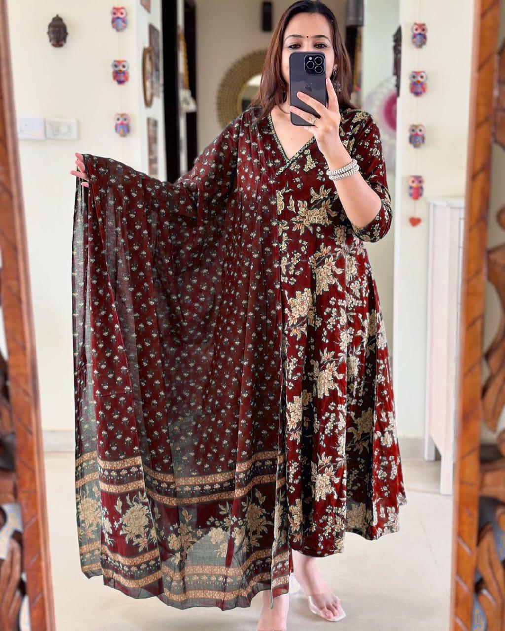 Maroon Angrakha Style Anarkali Kurta Set with Dupatta