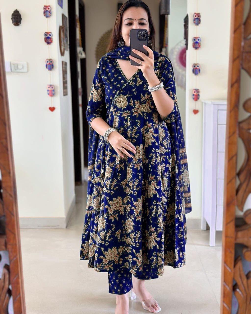 BLUE Anarkali Kurta Set With Angrakha Style For Women