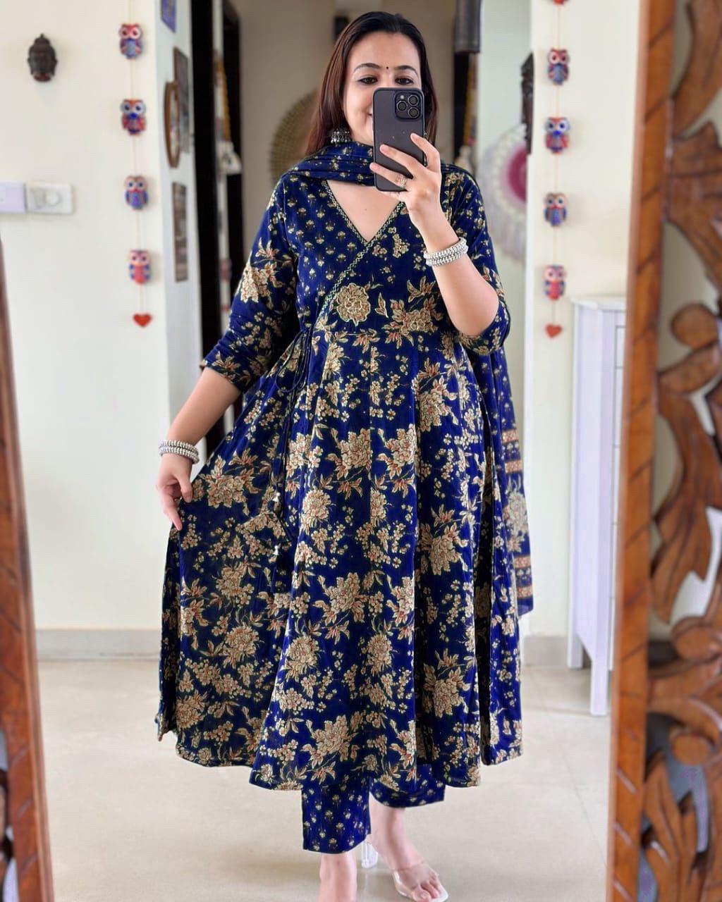 BLUE Anarkali Kurta Set With Angrakha Style For Women